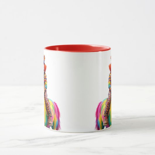 Een clown met rieten brengt een veelkleurig paard. mok (Midden)