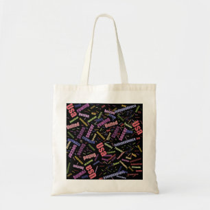 Een collectie van gekleurde woorden die Americ bes Tote Bag