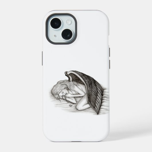 Een conengel met slaap, zwart en wit design iPhone 15 hoesje (Achterkant)