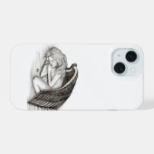 Een conengel met slaap, zwart en wit design iPhone 15 hoesje (Achterkant horizontaal)