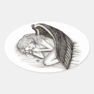 Een conengel met slaap, zwart en wit design ovale sticker