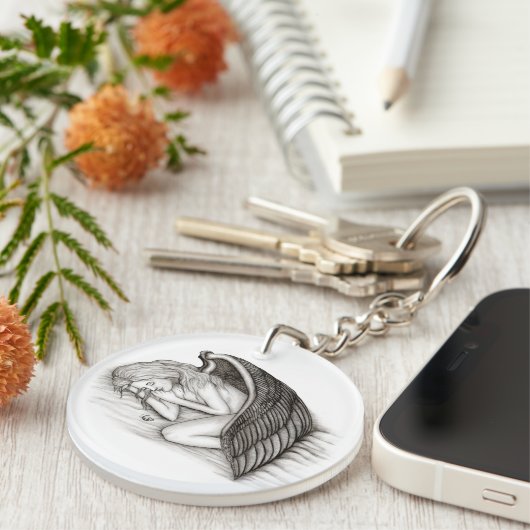 Een conengel met slaap, zwart en wit design sleutelhanger (Voorkant Rechts)