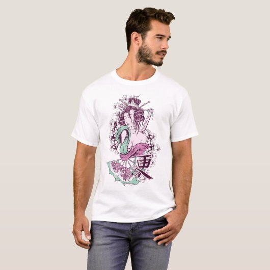 een cool Japans geisha grafisch t-shirt ontwerp (Voorkant volledig)