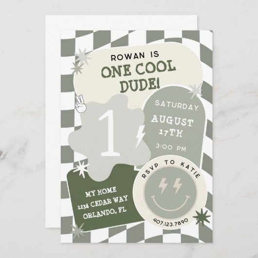 Eén Cool Vent Retro Dambord 1e Verjaardag Kaart (Voorkant / Achterkant)