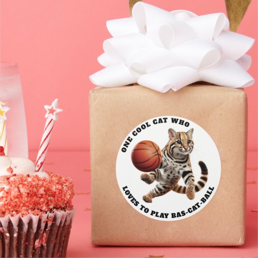 Een coole kat die dol is op het spelen van Bas-cat Ronde Sticker (Feest)