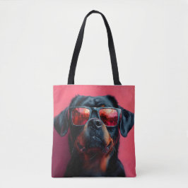 Een coole rottweiler met zonnebril draagtas