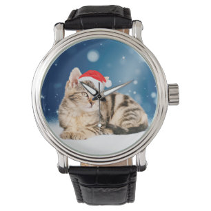 Een Cute Cat met een rode kerstkerstkleed Horloge