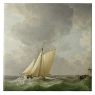 Een cutter in een sterke bries (olie op koper) tegeltje
