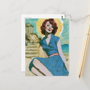 Een dag op het strand Retro vrouw in blauwe polka Briefkaart
