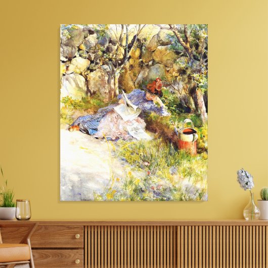 Een dame die een krant leest canvas afdruk (Insitu (Woonkamer))