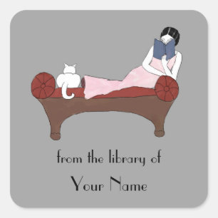 Een dame, een kat en een zeer goed boek Bookplaten Vierkante Sticker