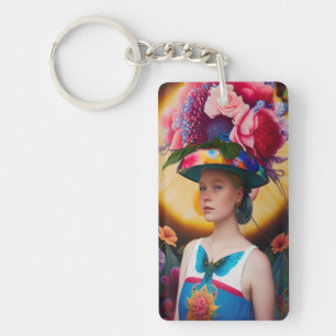 Een dame met een bloemenhoed sleutelhanger