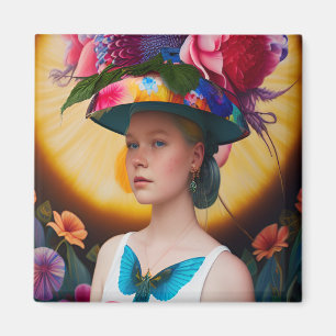 Een dame met een pet voor de blote zon magneet