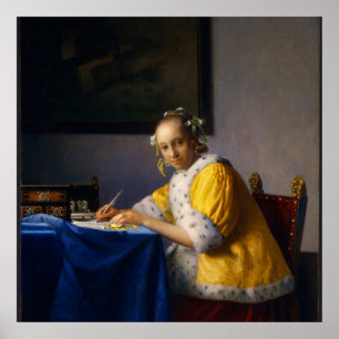 Een dame schrijvend van Johannes Vermeer Poster