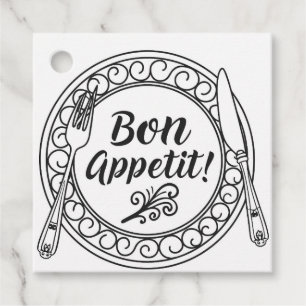 Een decoratief bon appetit bord met vork en mes bedankjes labels