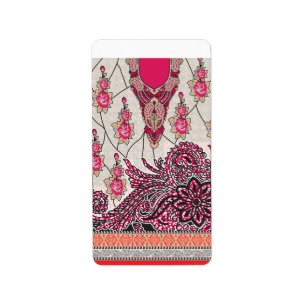 Een decoratief paisley-ontwerp met levendige rode etiket