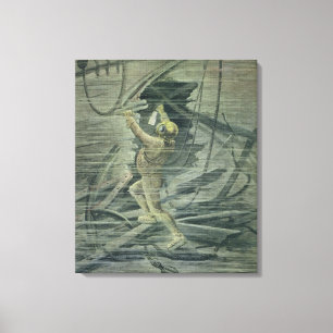 Een diep Zee duiker die naar de wrakken kijkt Canvas Afdruk