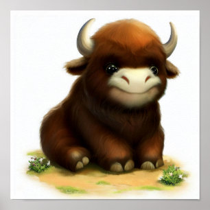Een digitaal schilderij van een Schattigee Musk Ox Poster