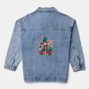 Een dinosaurus in anime armor met een zwaard. denim jacket