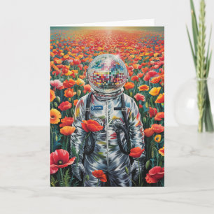 Een discoastronaut in een papaverweide kaart