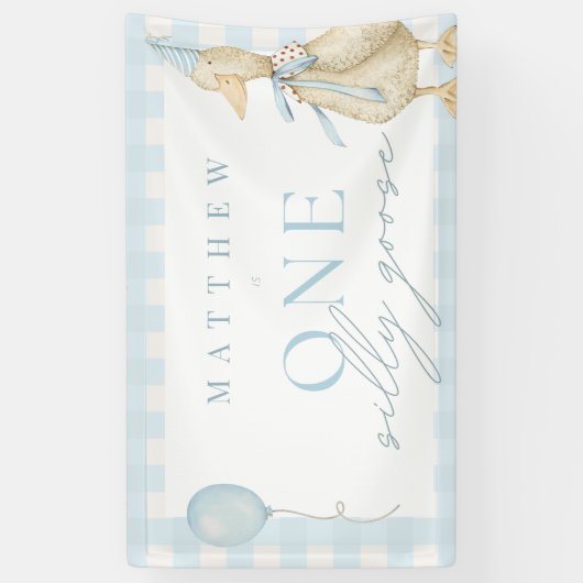 Een domme gans geruite blauwe jongen 1e verjaardag spandoek (Verticaal)