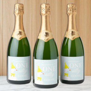 Eén domme gans geruite dranklabel voor 1e verjaard sparkling wijnetiket