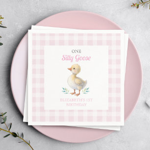 Eén domme gans roze geruite meisje eerste verjaard servet