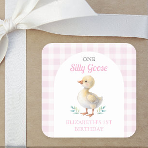 Eén domme gans roze geruite meisje eerste verjaard vierkante sticker