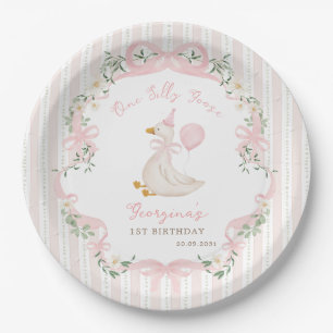Eén domme gans roze strik bloem 1e verjaardag papieren bordje