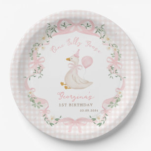 Een domme gans roze strik geruite 1e verjaardag papieren bordje