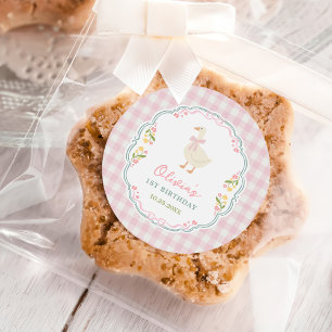 Eén domme gans roze strik meisje 1e verjaardag ronde sticker