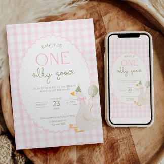 Eén domme gans verjaardagsuitnodiging roze gingham kaart