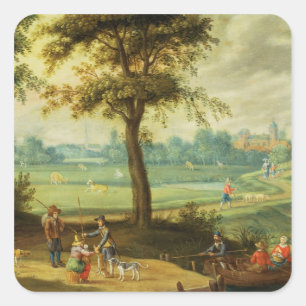 Een dorpslandschap door een rivier vierkante sticker