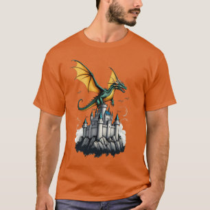 een draak die over een T-shirt van een kasteel vli
