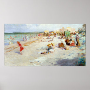 Een druk strand in de zomer poster