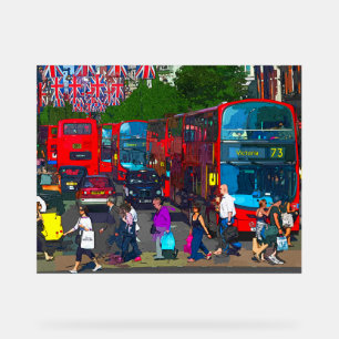 Een drukke Oxford Street met winkelende mensen en Acryl Bord