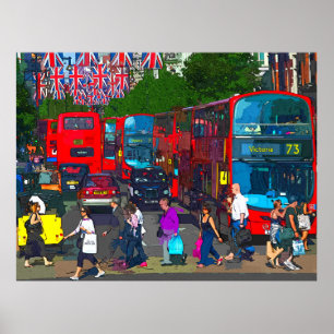 Een drukke Oxford Street met winkelende mensen en Poster