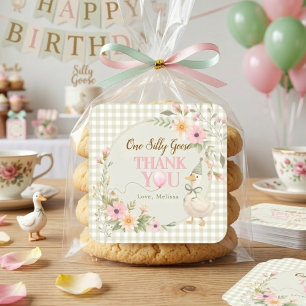 Eén Dwaas Gans Gingham Bloemstuk Bedankt Vierkante Sticker