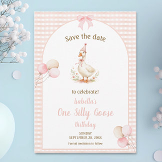 Eén Dwaas Gans Roze 1e Verjaardagsfeestje Save The Date