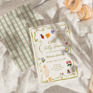 Eén Dwaze Gans Gingham Cottagecore Eerste Verjaard Kaart
