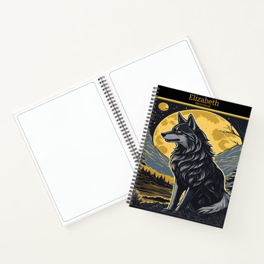 Een eenzame wolf huilt onder het felle volle maanl notitieboek (Binnen)