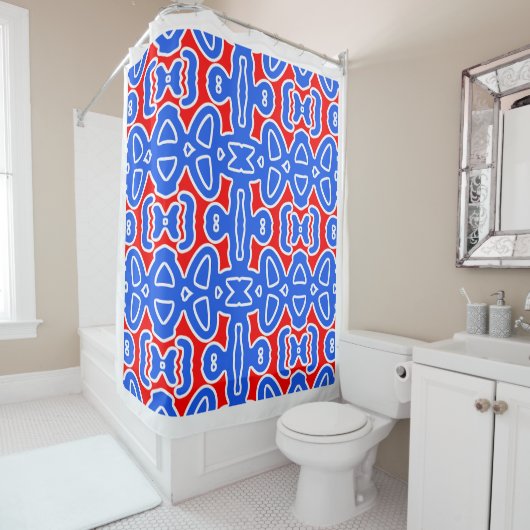 Een elegante naadloze blauw rood klassieke design douchegordijn (In situ)