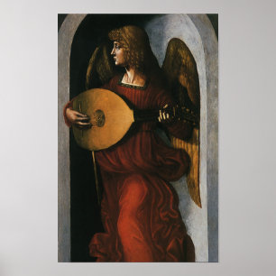 Een engel in het rood met een luit door Leonardo d Poster