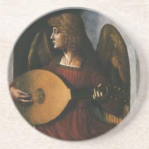 Een engel in het rood met een Lute van Leonardo da Zandsteen Onderzetter