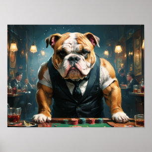 Een Engelse buldog als croupier in een casino - Poster