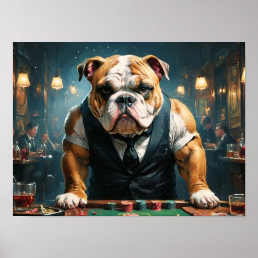 Een Engelse bulldog als croupier in een casino - Poster (Voorkant)