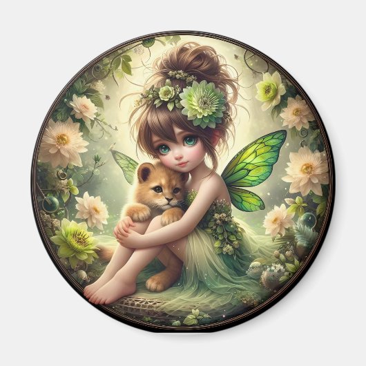 Een fee en haar Leeuw Cub - Groene Magneet (Voorkant)