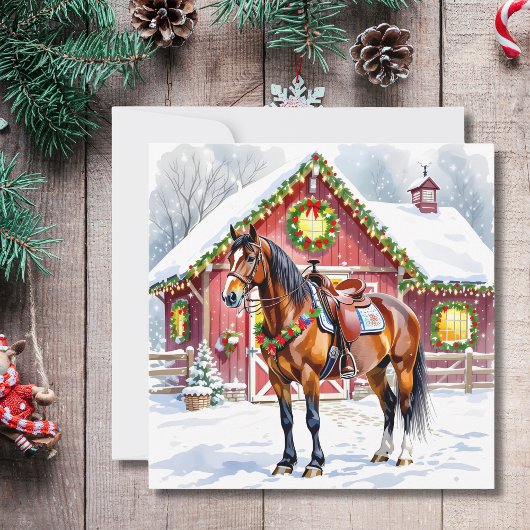 Een feestelijk bruin paard en winterschuur Kerstmi Kaart