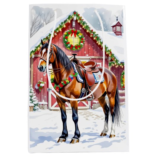 Een feestelijk bruin paard en winterschuur Kerstmi Medium Cadeauzakje (Voorkant)