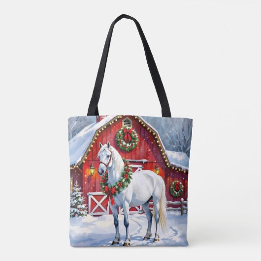 Een feestelijk wit paard en winterschuur Kerstmis Draagtas (Achterkant)